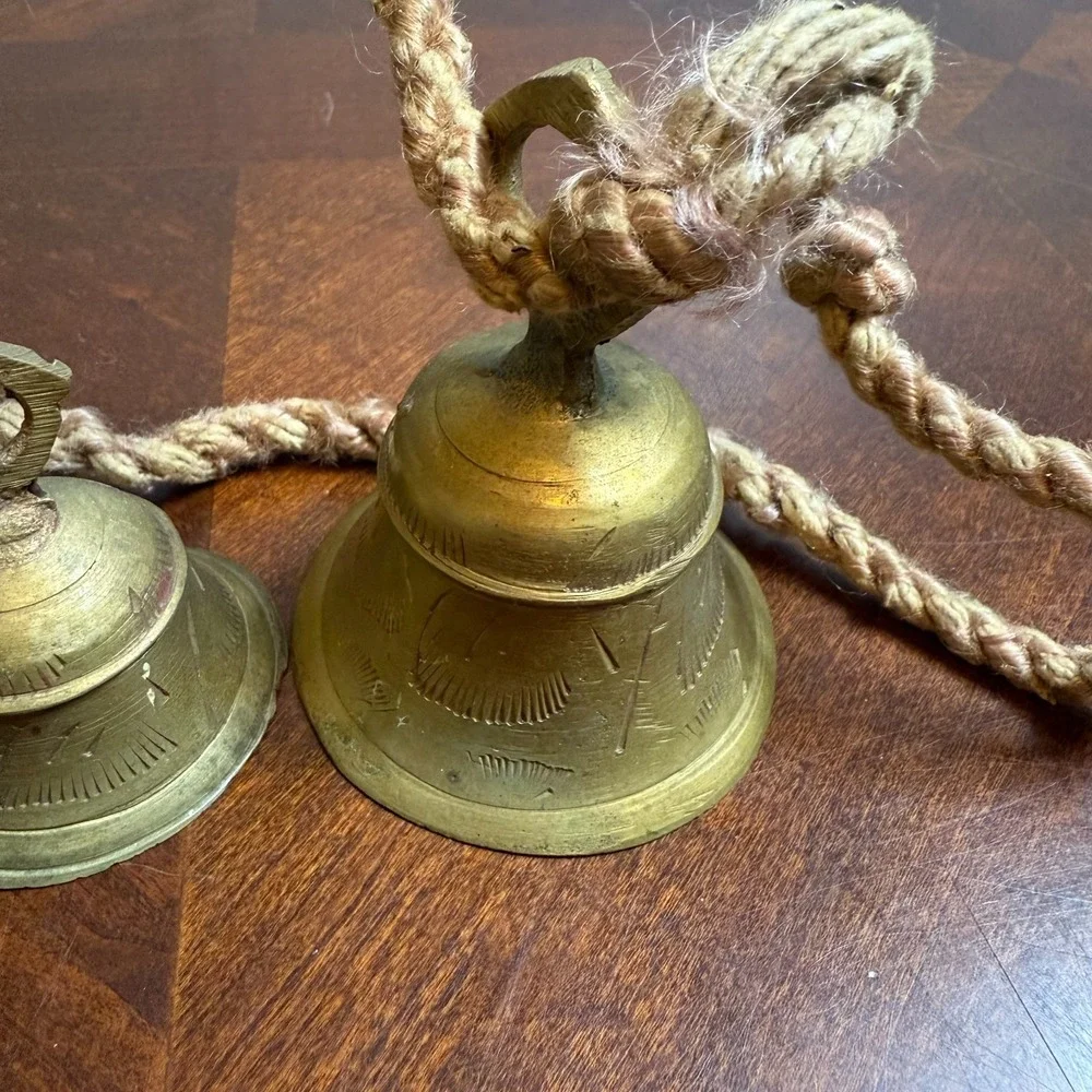 vintage indian brass hanging bells lot of 4 hand engraved boho farmhouse‎ decor